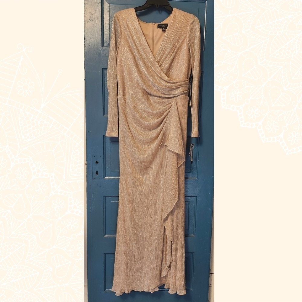 Betsy & Adam Long Pleated Metallic V-Neck Dress.